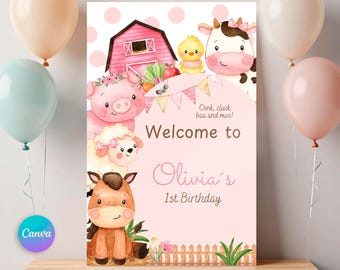 Cartello di benvenuto per compleanno Pink Farm: animali da cortile, tema floreale (download digitale)