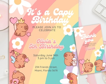 Capybara Birthday Invitation: Groovy Pastel Theme (Editable Canva Template)