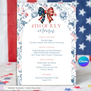 USA 4.Juli Menu Template Patriotic Toile | Rot Weiß & Blau | Canva Bearbeitbar | Bogen mit amerikanische Flagge | Zurück Design enthalten