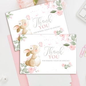 Carte de remerciement pour bébé, insertion pour baby shower, thème lapin, impression florale rose, c'est une fête entre filles, cadeau de baby shower, téléchargement numérique