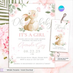 Oh Baby It's a Girl Bunny – Baby Shower Invitation – Editable Watercolor Floral Invite – Digital Download – Girl Baby Shower & Thank you Tag