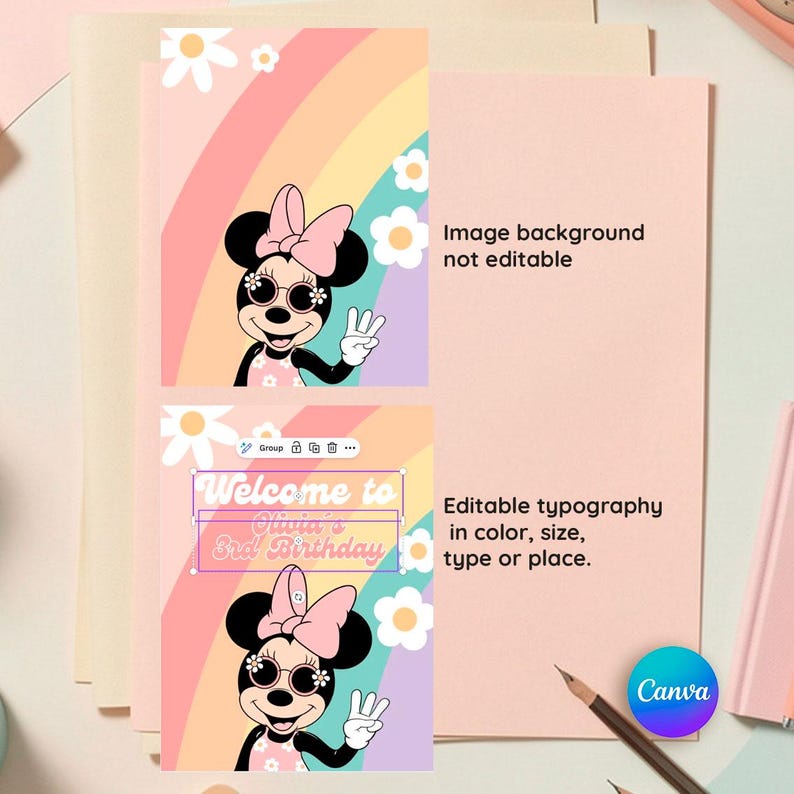 Retro Minnie Mouse welcome sign for a third birthday party featuring pastel rainbow arches, daisy flowers, and a cute retro Minnie illustration. Editable Canva welcome poster perfect for a girl’s 3rd birthday celebration, matching daisy rainbow party decor. Soft pastel colors create a cheerful and playful party entrance sign, ideal for birthday entrances, dessert tables, or photo backdrops.