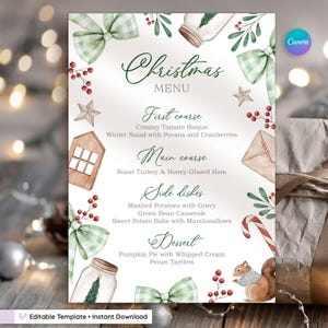 Pode incluir: Um menu de Natal com ilustrações em aquarela. O menu apresenta um laço xadrez verde e branco, um frasco com uma árvore de Natal e um esquilo. Inclui pratos como creme de tomate e peru assado.