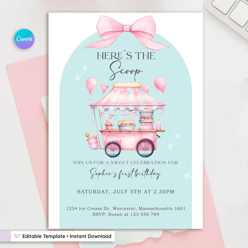 Editable pastel ice cream truck birthday invitation for girls. Sweet summer party design with girly elements, retro style, and pink ice cream cart. Printable Canva template, ideal for toddler or kid’s birthday, backyard or pool party. Cute and colorful design with balloons, sprinkles, and summer treats. Instant digital download, customizable with your party details.