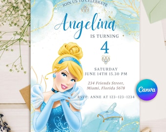 Princess Cinderella Birthday Digital Invitation Template for Girls, Cinderella Portrait Card, Canva Editable, Cinderella Party Invite