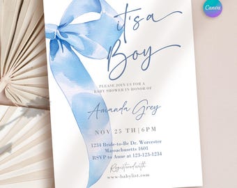 May include: A baby shower invitation with a watercolor blue bow and the text "It's a Boy." The invitation includes details for Amanda Grey's baby shower, such as the date, time, and location. The invitation is an editable template.