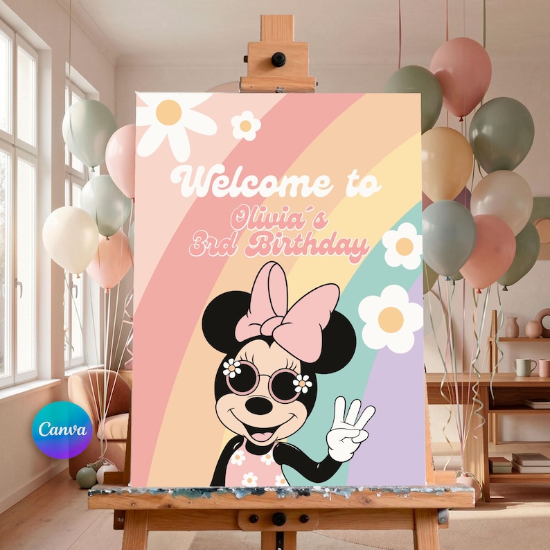 Retro Minnie Mouse welcome sign for a third birthday party featuring pastel rainbow arches, daisy flowers, and a cute retro Minnie illustration. Editable Canva welcome poster perfect for a girl’s 3rd birthday celebration, matching daisy rainbow party decor. Soft pastel colors create a cheerful and playful party entrance sign, ideal for birthday entrances, dessert tables, or photo backdrops.