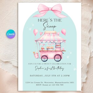 Editable pastel ice cream truck birthday invitation for girls. Sweet summer party design with girly elements, retro style, and pink ice cream cart. Printable Canva template, ideal for toddler or kid’s birthday, backyard or pool party. Cute and colorful design with balloons, sprinkles, and summer treats. Instant digital download, customizable with your party details.