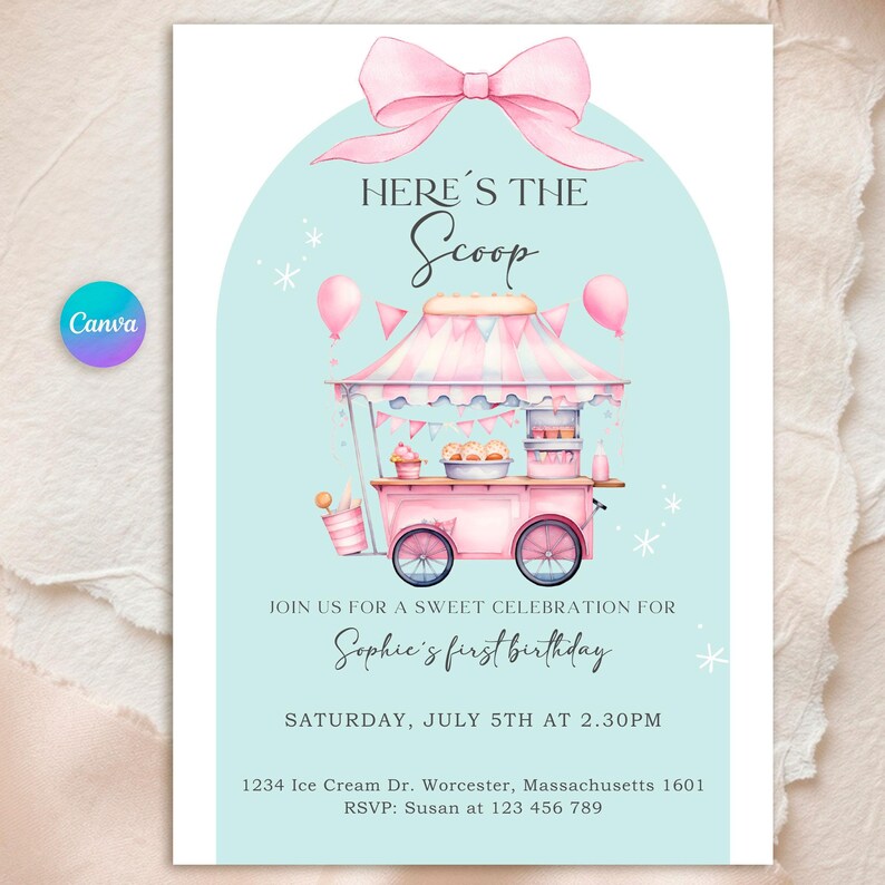 Editable pastel ice cream truck birthday invitation for girls. Sweet summer party design with girly elements, retro style, and pink ice cream cart. Printable Canva template, ideal for toddler or kid’s birthday, backyard or pool party. Cute and colorful design with balloons, sprinkles, and summer treats. Instant digital download, customizable with your party details.