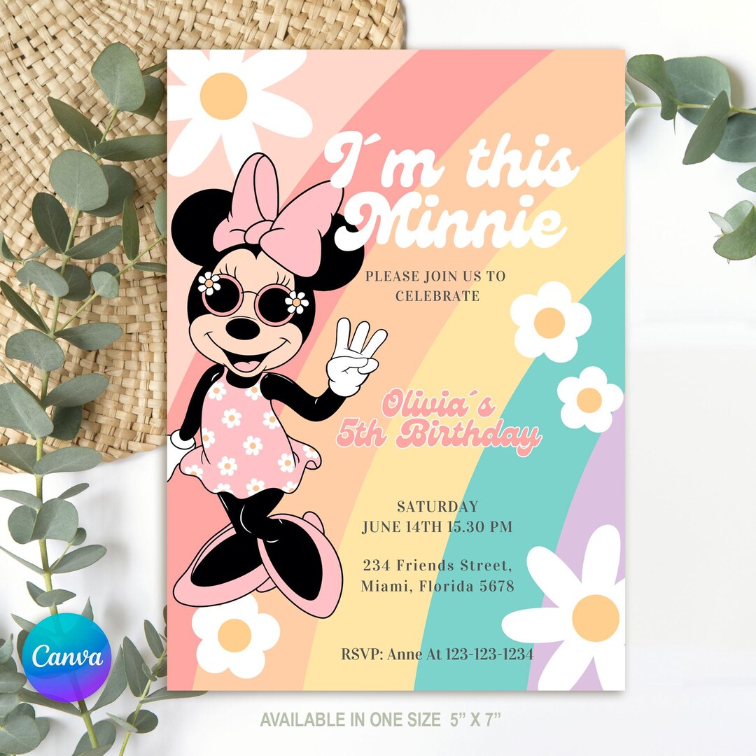Retro Minnie Mouse Third Birthday Invitation Daisy Rainbow, Editable