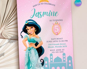 Verjaardagsuitnodiging prinses Jasmine: Arabian Nights-feest, bewerkbare canva-sjabloon digitale download