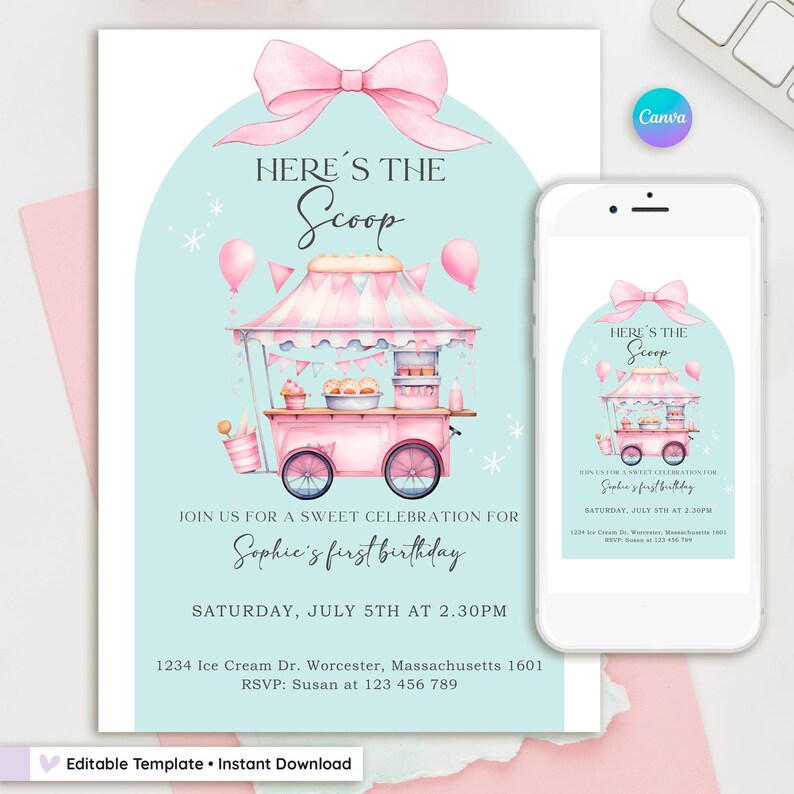 Editable pastel ice cream truck birthday invitation for girls. Sweet summer party design with girly elements, retro style, and pink ice cream cart. Printable Canva template, ideal for toddler or kid’s birthday, backyard or pool party. Cute and colorful design with balloons, sprinkles, and summer treats. Instant digital download, customizable with your party details.