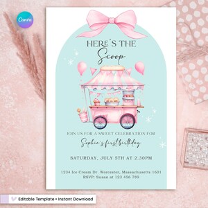Editable pastel ice cream truck birthday invitation for girls. Sweet summer party design with girly elements, retro style, and pink ice cream cart. Printable Canva template, ideal for toddler or kid’s birthday, backyard or pool party. Cute and colorful design with balloons, sprinkles, and summer treats. Instant digital download, customizable with your party details.