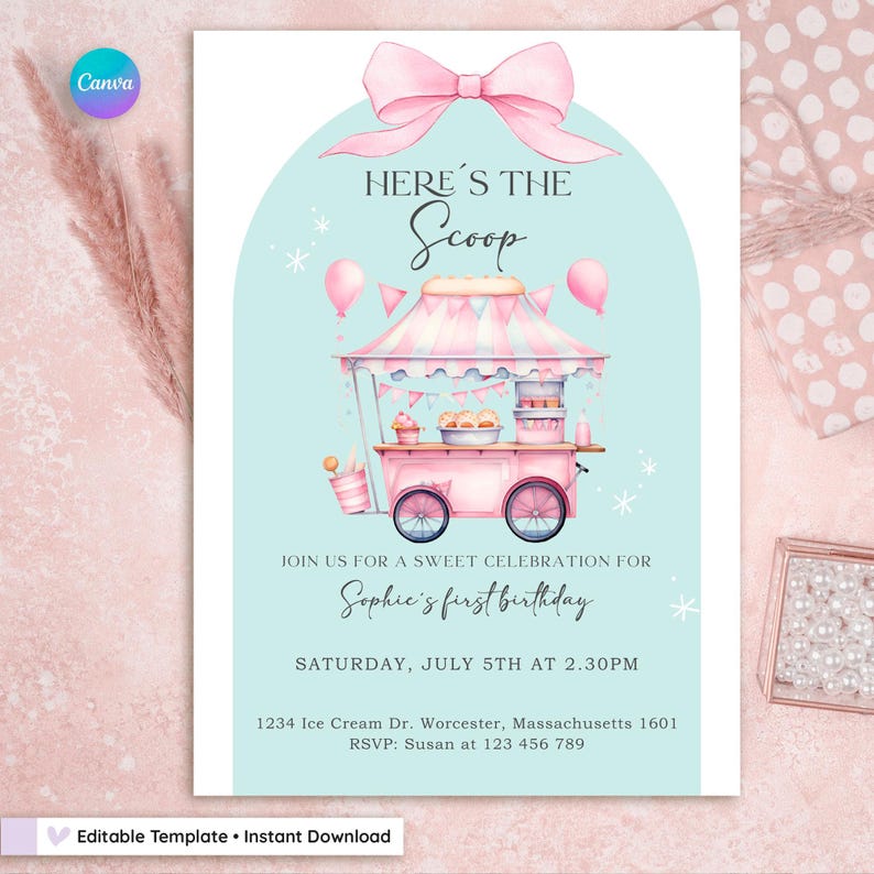 Editable pastel ice cream truck birthday invitation for girls. Sweet summer party design with girly elements, retro style, and pink ice cream cart. Printable Canva template, ideal for toddler or kid’s birthday, backyard or pool party. Cute and colorful design with balloons, sprinkles, and summer treats. Instant digital download, customizable with your party details.