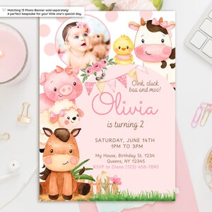 Editable farm birthday invitation with photo – red barnyard theme with cute farm animals and rustic charm – perfect for your little one’s 1st, 2nd or 3rd birthday. Features space for your child’s photo, editable text, and a sweet countryside vibe. Instant download, editable Canva template. Ideal for boys, girls or gender-neutral farm parties. Print or send digitally!