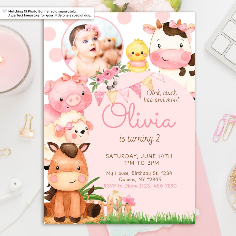 Editable farm birthday invitation with photo – red barnyard theme with cute farm animals and rustic charm – perfect for your little one’s 1st, 2nd or 3rd birthday. Features space for your child’s photo, editable text, and a sweet countryside vibe. Instant download, editable Canva template. Ideal for boys, girls or gender-neutral farm parties. Print or send digitally!