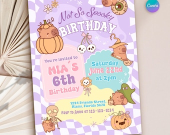 Capybara Birthday Invitation, Halloween Party, Editable Canva Template