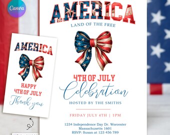 4th of July Party Invitation: American Flag Bow, USA Patriotic Canva Template (Digital Download
