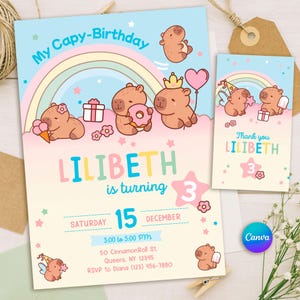 Capibara verjaardagsuitnodiging - schattig kawaii capibarafeest - pastel regenboog digitale uitnodiging - bewerkbare canva-sjabloon + gratis bedankkaartje