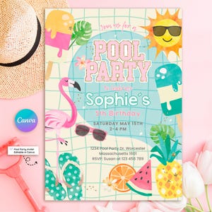 Convite editável para festa na piscina tropical | Modelo Canva para meninas | Convite para festa de aniversário de verão | Download instantâneo