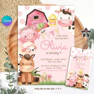 Editable pink farm birthday invitation featuring adorable watercolor barn animals like a pig, cow, chick, lamb, and horse with floral details and a pink barn. Includes a matching thank you tag. Perfect for a girl’s barnyard-themed party. Soft pastel tones and polka dot background add a sweet, charming touch. Instant download, customizable in Canva. Ideal for ages 1–5.