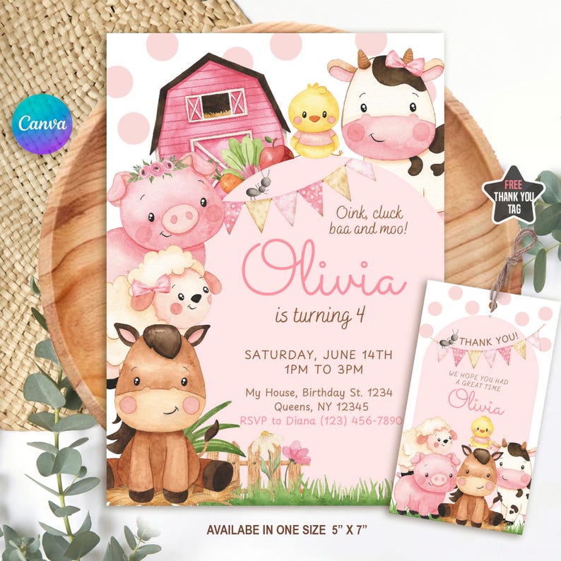 Editable pink farm birthday invitation featuring adorable watercolor barn animals like a pig, cow, chick, lamb, and horse with floral details and a pink barn. Includes a matching thank you tag. Perfect for a girl’s barnyard-themed party. Soft pastel tones and polka dot background add a sweet, charming touch. Instant download, customizable in Canva. Ideal for ages 1–5.