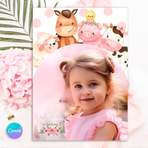Editable pink farm birthday invitation, barn animals invite for girls, girl barnyard birthday, floral barnyard animals + free thank you tag image 13