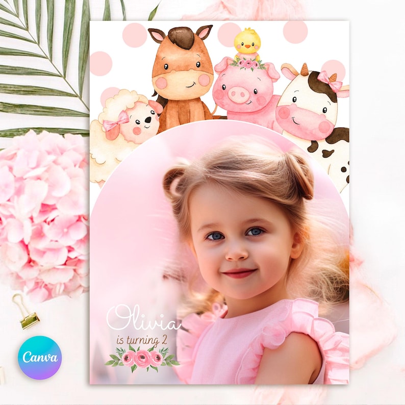Editable pink farm birthday invitation, barn animals invite for girls, girl barnyard birthday, floral barnyard animals + free thank you tag image 13