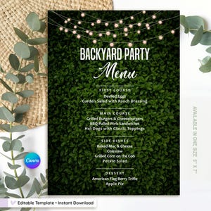 May include: A green backyard party menu template with a hedge background and string lights. The menu includes courses like deviled eggs, burgers, and apple pie. The template is available in one size, 5" x 7".