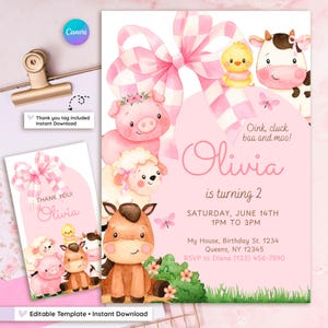 Invitación de cumpleaños de granja para niña: Animales de granja con cuadros rosas (Descarga digital)