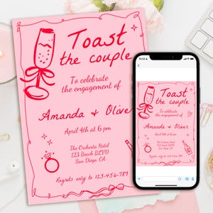 Pode incluir: Anúncio de noivado rosa com texto e ilustrações em vermelho. O texto diz "Toast the couple" e convida os convidados a celebrar o noivado de Amanda e Olive em 4 de abril às 18h no The Orchesta Hotel em San Diego, CA.