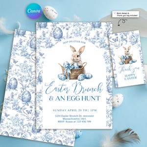 Invitación para brunch de Pascua y búsqueda de huevos con diseño de toile azul, invitación para fiesta de Pascua con conejito chinoiserie editable en Canva, diseño posterior, etiqueta de agradecimiento incluida