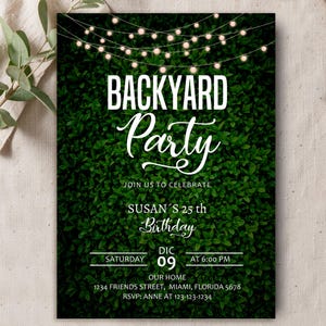 Invito per festa in giardino rustico: modello Canva modificabile per compleanno (5x7, download digitale)