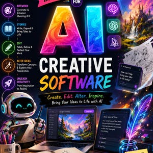 May include: A vibrant book cover titled "The Beginner's Instructional Book for AI Creative Software." The cover features colorful text and graphics, including the letters "AI" in bold, and promises step-by-step guidance for beginners. It also includes a robot and a laptop.
