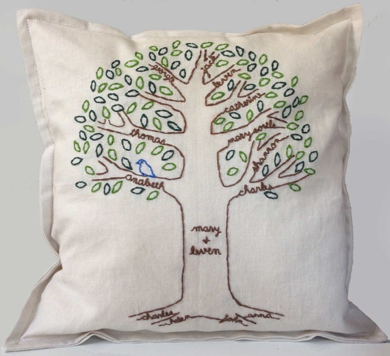 Custom family tree throw pillow cover meaningful unique personalized Mother’s Day or anniversary gift hand embroidered cover only no pillow