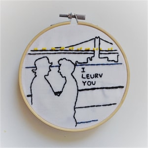 Cadeau de Saint Valentin bricolage pour fan de cinéma classique, motif de broderie I Leurv You, bricolage Hoop Art, motif PDF, téléchargement immédiat, citation d'amour image 1