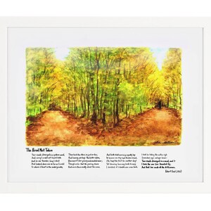 May include: A watercolor painting of a forest path with two paths diverging. The poem "The Road Not Taken" by Robert Frost is printed below the image.