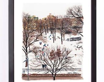 Art Print Snow Day à Morningside Park Aquarelle de Harlem NYC