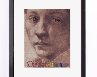 Art Print of Michelangelo Sketch Embellished with Embroidery - "Side Eye"