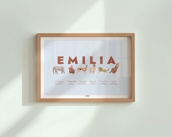 Póster personalizado con nombre para niños | Alfabeto de animales en acuarela con afirmaciones positivas | Decoración de pared personalizada para habitación infantil | Regalo para niños pequeños
