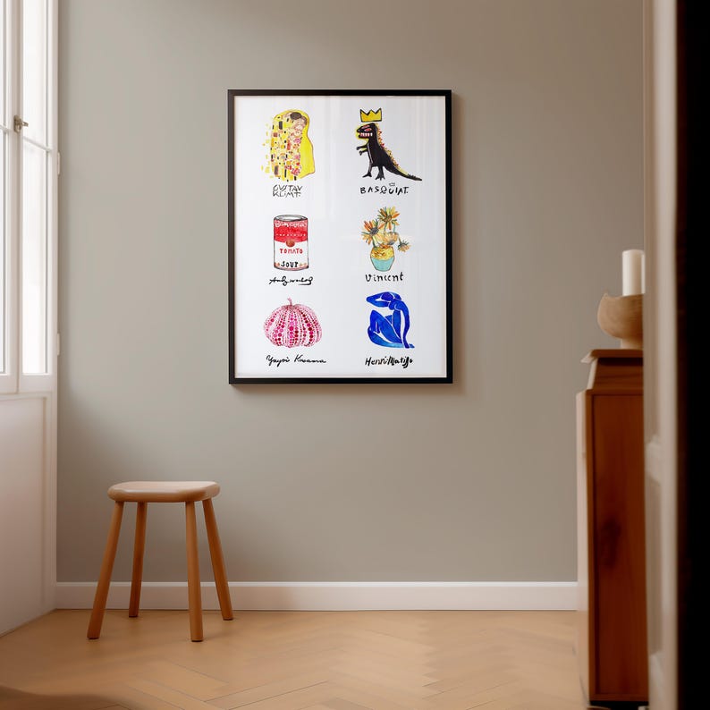 Puede incluir: Una impresi&oacute;n art&iacute;stica enmarcada con seis ilustraciones coloridas inspiradas en artistas famosos. La obra de arte incluye una representaci&oacute;n de un beso, un dinosaurio con corona, una lata de sopa de tomate, un jarr&oacute;n de flores, una calabaza rosa y una figura azul.