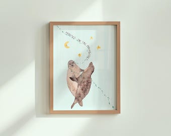 Impresión de focas bailando en acuarela | Arte mural para habitación infantil | Decoración para habitación de bebé | Ilustración de animales marinos | Póster infantil | Arte adorable