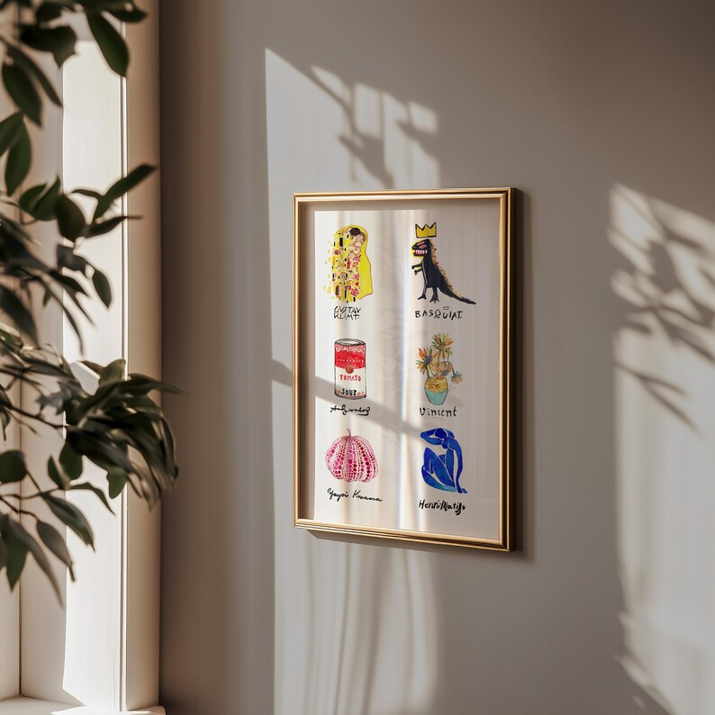 Puede incluir: Una impresi&oacute;n art&iacute;stica enmarcada con ilustraciones coloridas de artistas y obras de arte famosos. La impresi&oacute;n incluye im&aacute;genes de un dinosaurio, una lata de sopa y una calabaza rosa. El marco es dorado y cuelga de una pared gris.