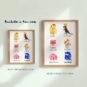Puede incluir: Dos impresiones art&iacute;sticas enmarcadas con un acabado de madera clara. Cada impresi&oacute;n presenta ilustraciones coloridas de obras de arte y artistas famosos. El texto "Available in two sizes" est&aacute; encima de los marcos. Los tama&ntilde;os son A4: 21 x 29,7 cm y A3: 29,7 x 42 cm.