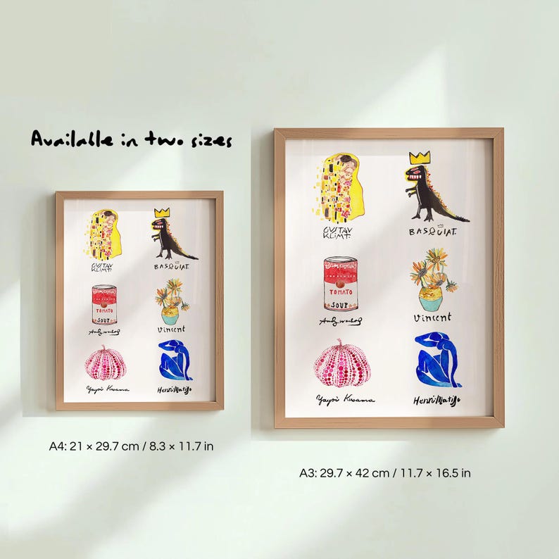 Puede incluir: Dos impresiones art&iacute;sticas enmarcadas con un acabado de madera clara. Cada impresi&oacute;n presenta ilustraciones coloridas de obras de arte y artistas famosos. El texto "Available in two sizes" est&aacute; encima de los marcos. Los tama&ntilde;os son A4: 21 x 29,7 cm y A3: 29,7 x 42 cm.