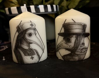 Vela con diseño de médico y enfermera de la peste / Vela gótica / Decoración tenebrosa / Estética oscura / Decoración de Halloween / Regalo hecho a mano