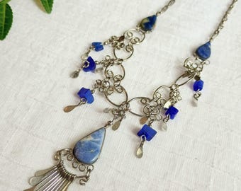 BOHEMIAN CHIC • VTG Artisan, Gemstone and Peruvian Silver Bib Necklace, Whimsigothic Style, Festival Fashion