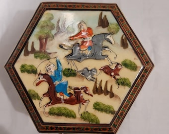 Vintage Persian Khatam Marquetry Inlay Hand Painted Hunting Themed Scene Wood Jewelry Trinket Box
