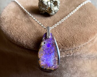 Australian Boulder Opal Pendant, Boulder Opal Necklace, Bright Sterling Silver Chain Necklace, Simple Opal Drop Necklace