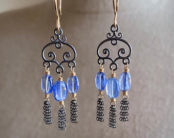 Kyanite Gemstone Trio Earrings, Blue Kyanite Dangle Earrings, Mixed Metal Mini Tassel Earrings, Handmade Gemstone Earrings, Jewelry for Her